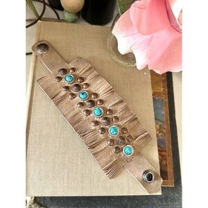 EC chic boutique extra wide chunky boho leather cuff with bronze & turquoise